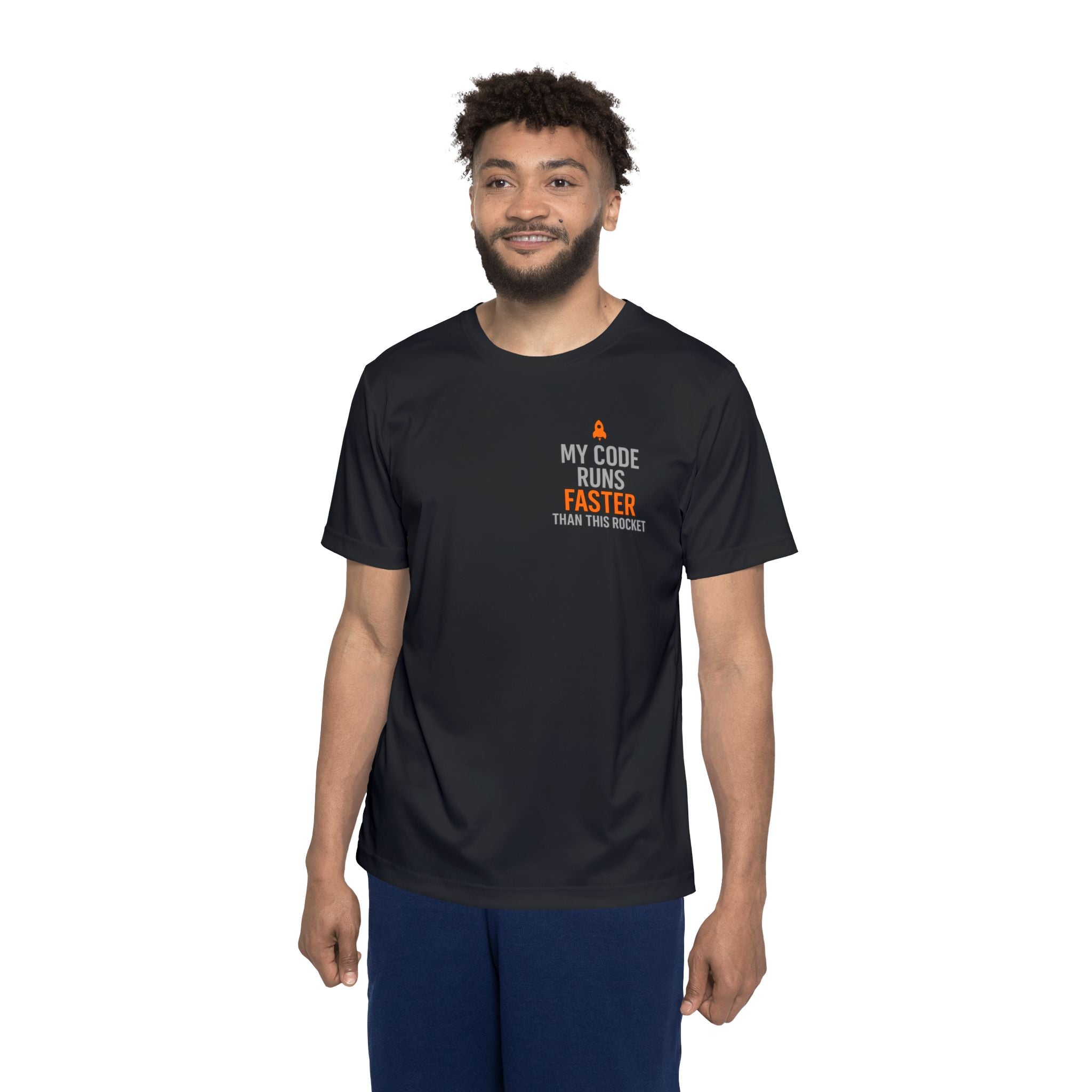 Men's Sports Jersey: Bold Rocket Launch Sarcasm T-Shirt for DevOps Engineers, Geeky Tech Lovers. My Code Runs Faster Than This Rocket Tee,
