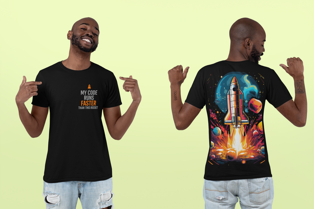 Men's Sports Jersey: Bold Rocket Launch Sarcasm T-Shirt for DevOps Engineers, Geeky Tech Lovers. My Code Runs Faster Than This Rocket Tee,