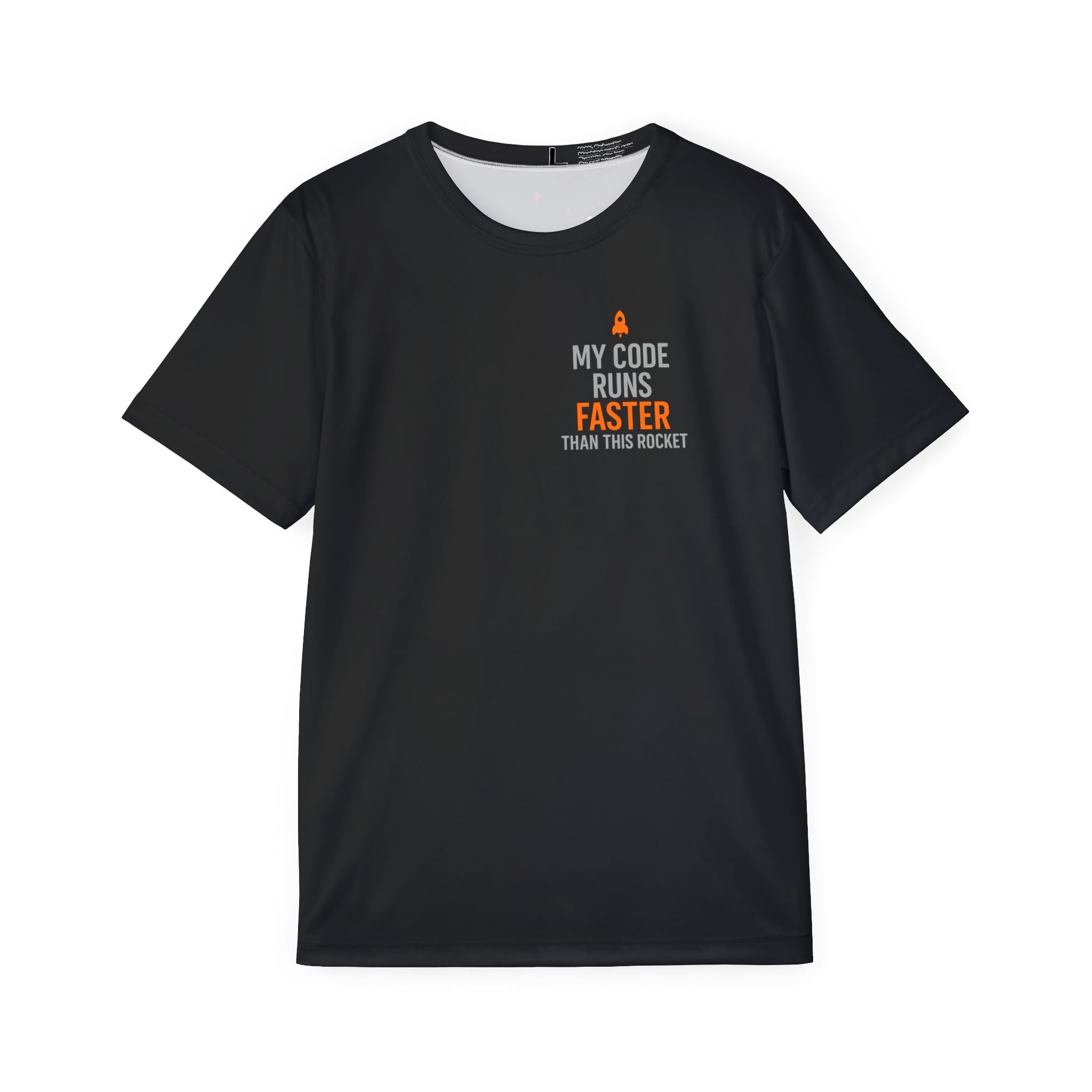 Men's Sports Jersey: Bold Rocket Launch Sarcasm T-Shirt for DevOps Engineers, Geeky Tech Lovers. My Code Runs Faster Than This Rocket Tee,